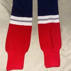 CCM Hockey socks. New York Rangers colors. Size Boy, never used. Shin guards.